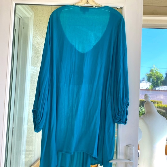 AVENUE TEAL TURQUOISE V-NECK PEASANT BLOUSE CRINKLE TOP PUFFED SLEEVES S… - Picture 4 of 9